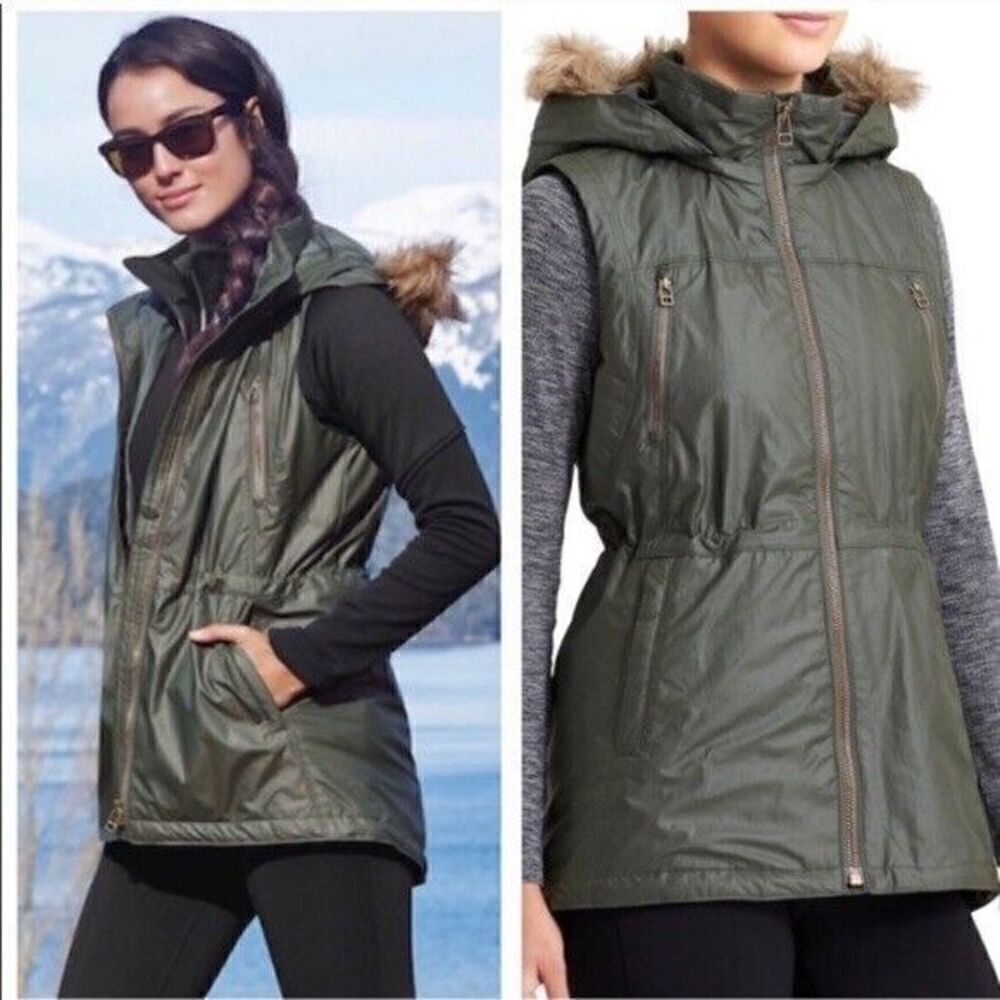Athleta Green Alpine Air Vest Faux Fur Removable Hood Zip Pockets Size Large